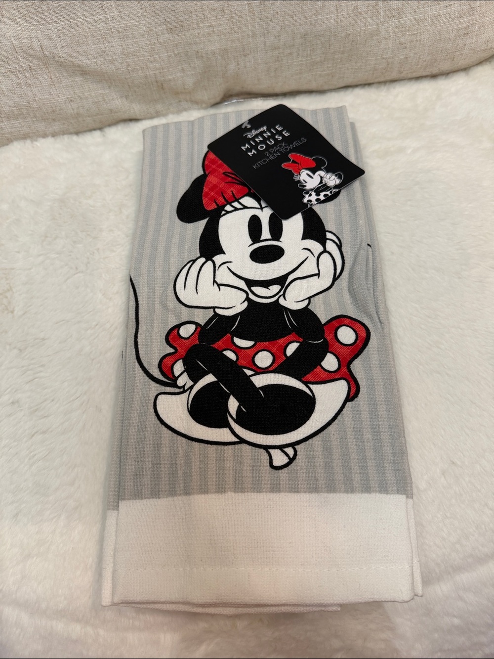 Disney Minnie Mouse Stripe Kitchen Towel in Gray, Red & White